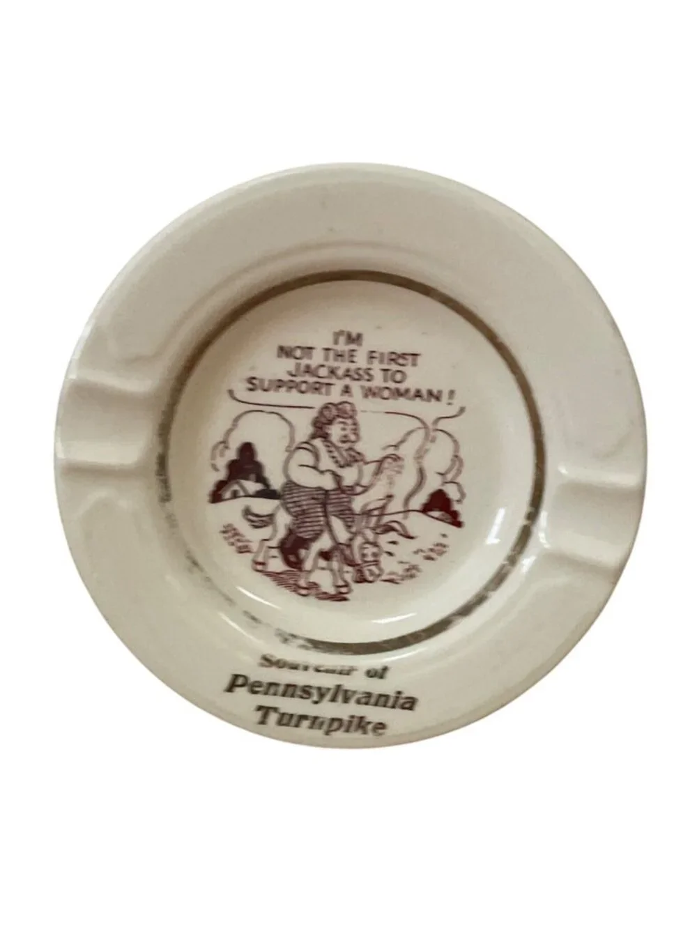 Vtg Pennsylvania Turnpike Souvenir Ceramic Ashtray w Adult Humor Donkey Woman